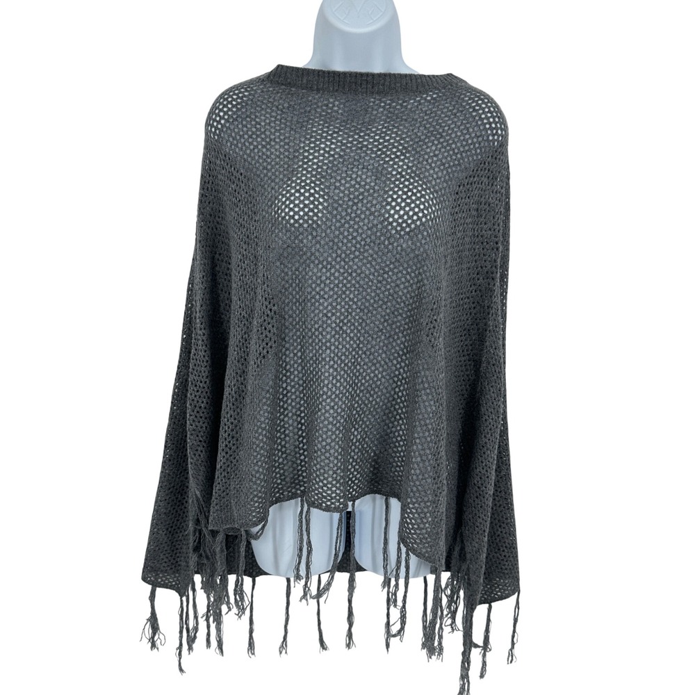 27 Miles Malibu Poncho Womens OS Charcoal Jackie Open Knit Fringed NWT